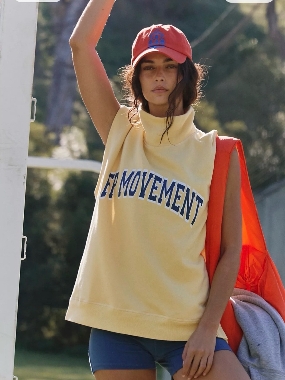 FP Movement by Free People Yellow Sleeveless Cowl Turtleneck with Navy Graphic